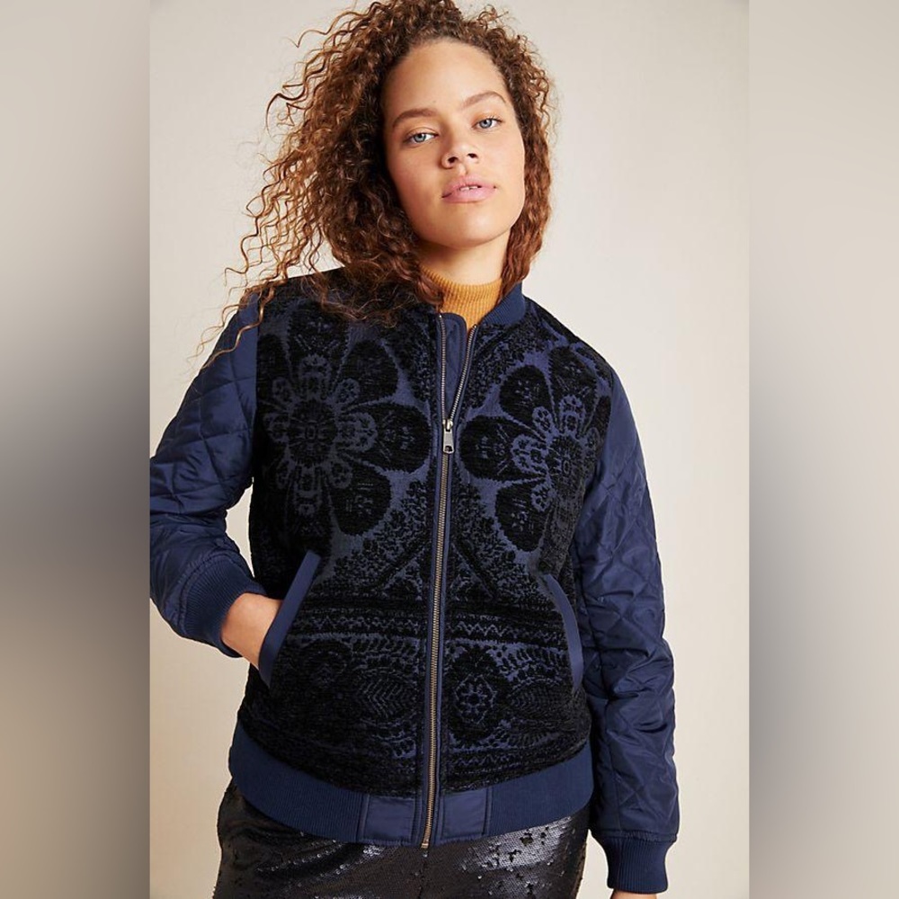 Anthropologie Clemence Floral Quilted Bomber Jacket, M